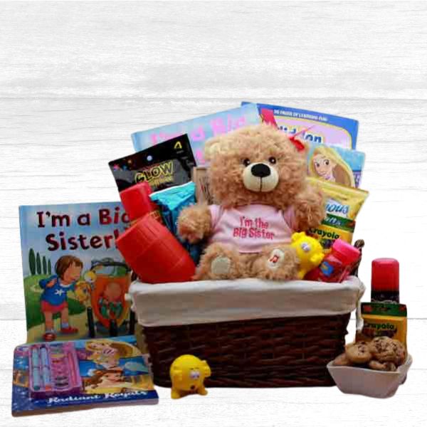 Big Sister gift basket with toys, snacks and Big Sister teddy bear