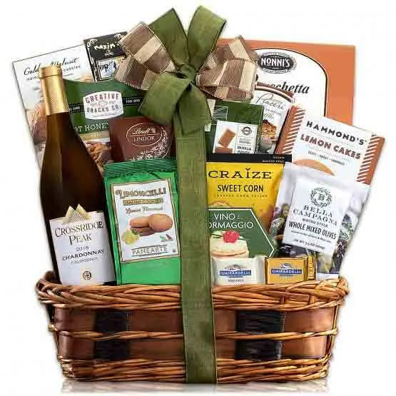 Chardonnay wine basket with cheese, chocolate truffles, crackers, and gourmet snacks