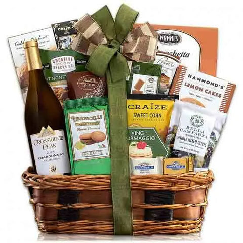 Chardonnay wine basket with cheese, chocolate truffles, crackers, and gourmet snacks