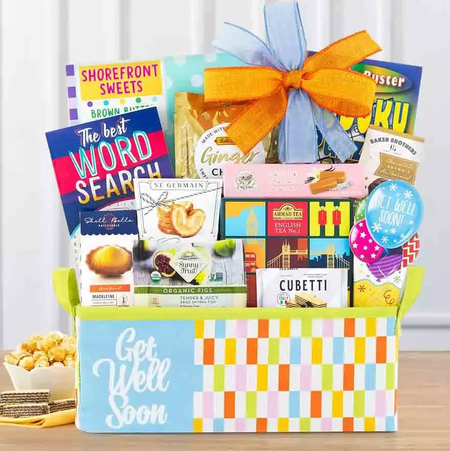Get well gift box filled with goodies and things to keep them from becoming bored