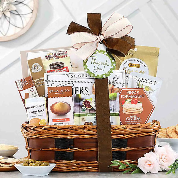 Thank you gourmet gift basket filled with gourmet foods to enjoy