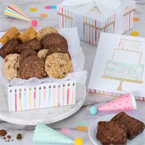 Birthday gift box filled with cookies and brownies