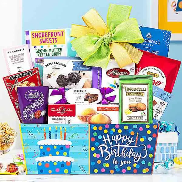 Happy Birthday gift basket filled with treats to celebrate their special day