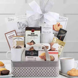 coffee gift basket with coffees and snacks