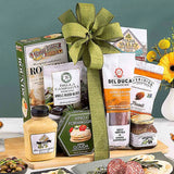 Wooden board filled with charcuterie cheese, meats, and more