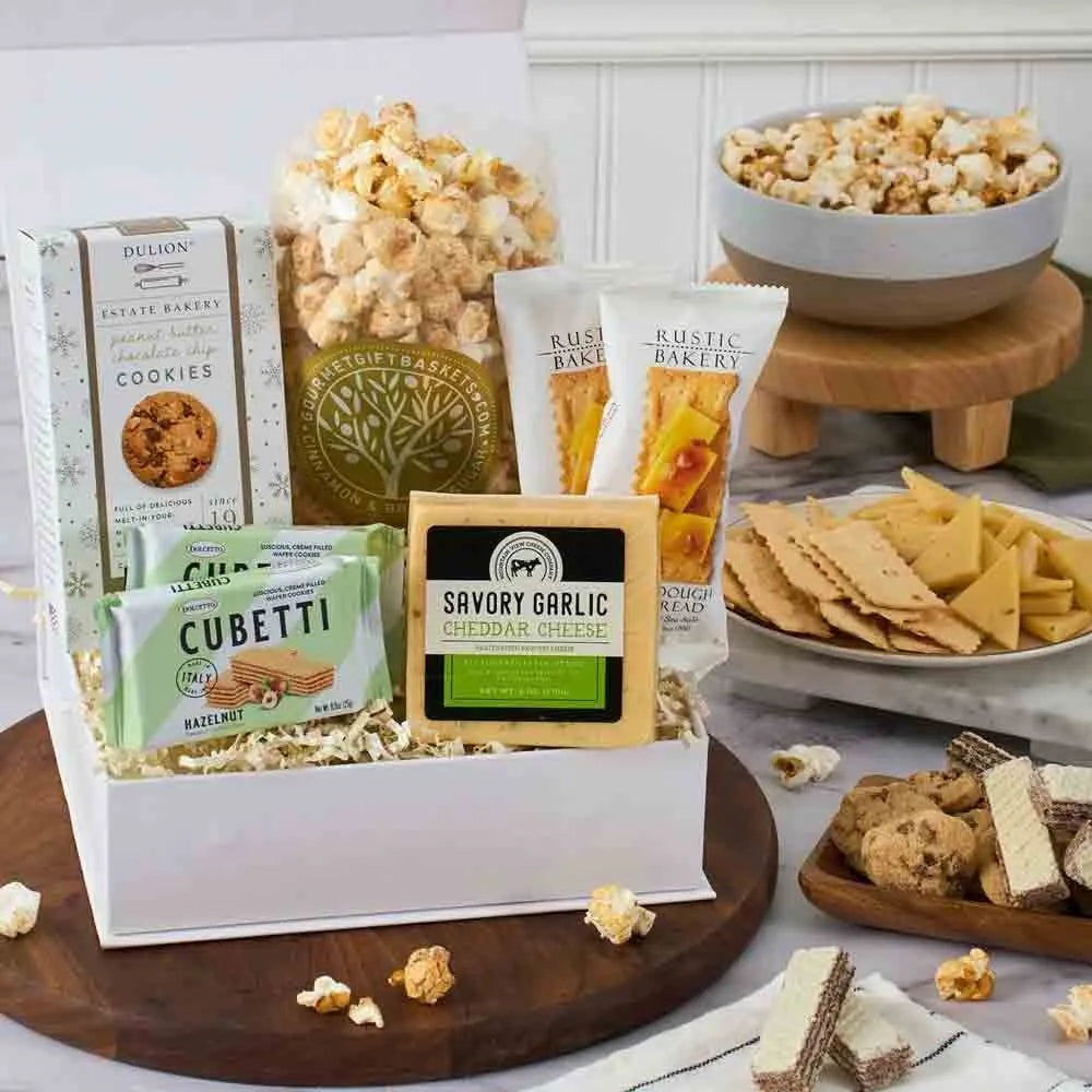 Gift box filled with cheese and other snacks
