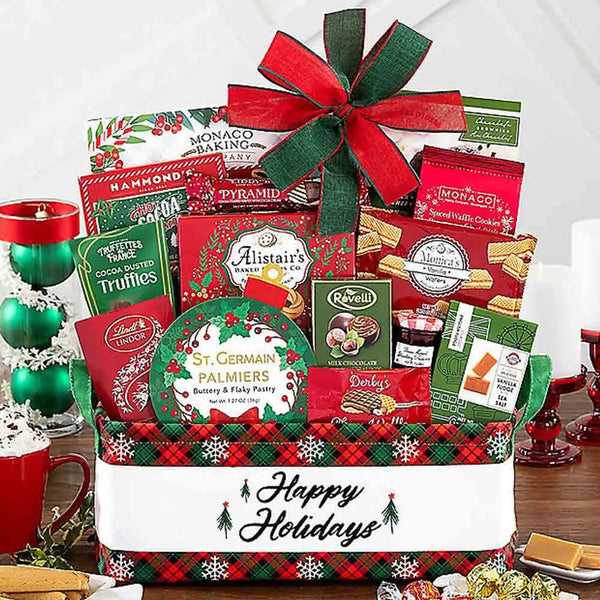 Christmas gift basket filled with snacks and treats