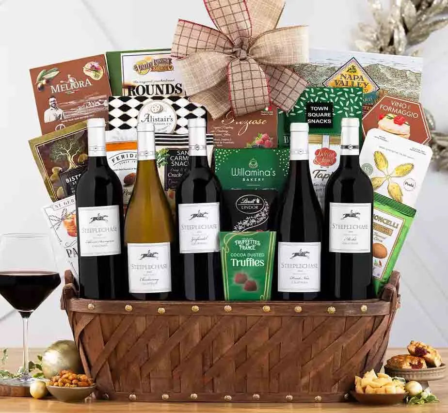 Elegant wine gift basketed with five bottles of Steeplechase wine and gourmet foods