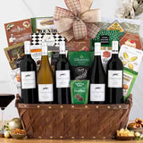 Elegant wine gift basketed with five bottles of Steeplechase wine and gourmet foods
