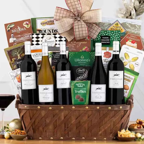 Elegant wine gift basketed with five bottles of Steeplechase wine and gourmet foods