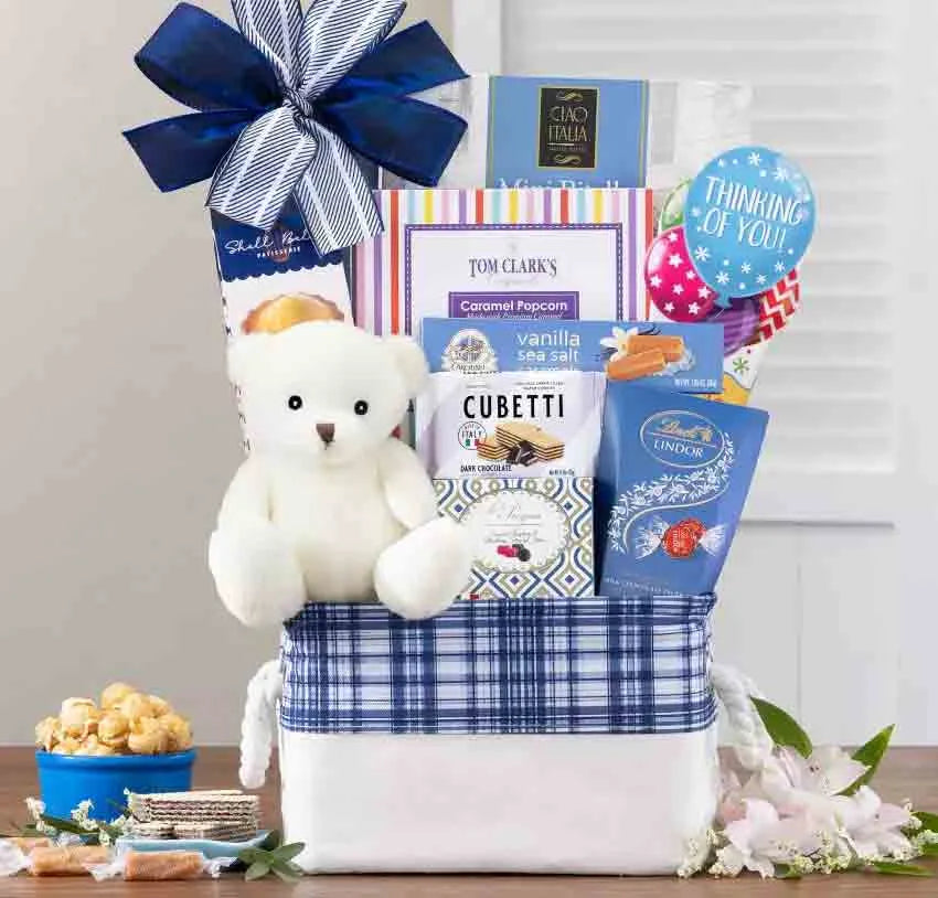 Thinking of you gift basketwith teddy bear and goodies to enjoy