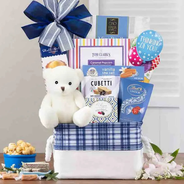 Thinking of you gift basketwith teddy bear and goodies to enjoy