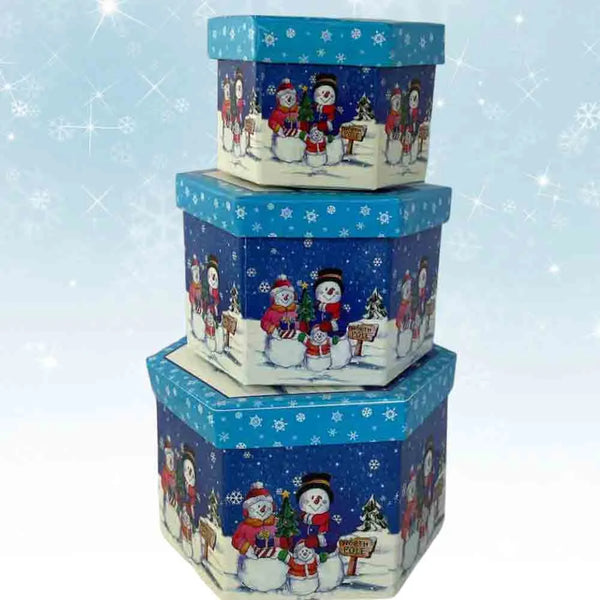 Snowman themed gift box tower filled with goodies