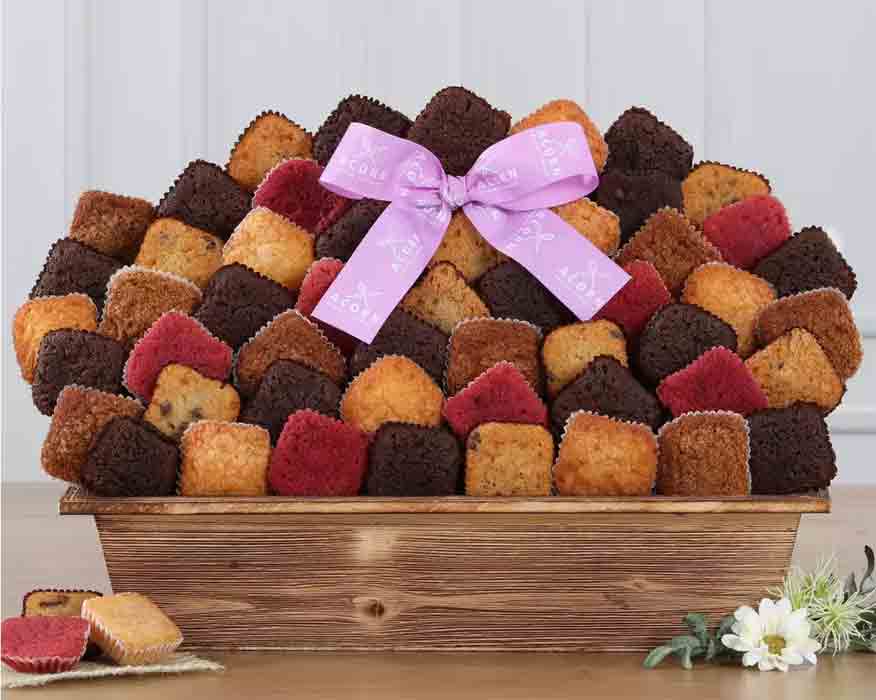 gift basket filled with brownies and cakes