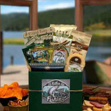 Gift box for fisherman filled with fishing themed snacks and more