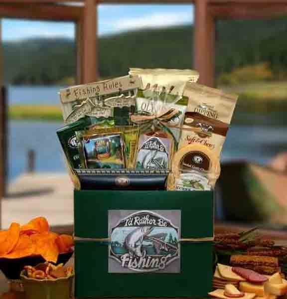Gift box for fisherman filled with fishing themed snacks and more