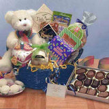 Happy Birthday gift basket with teddy bear, chocolates, and other treats
