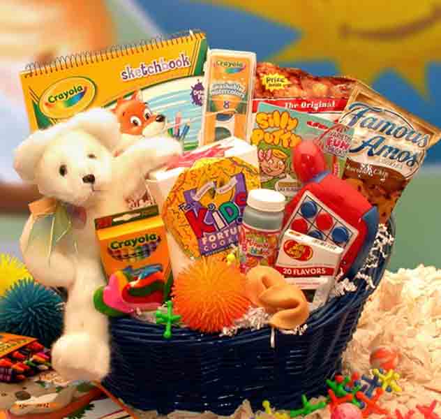 Gift basket filled with activities and treats for kids to keep them busy