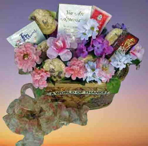 World of Thanks Gift Basket filled with gourmet cookies and decorated with assorted flowers