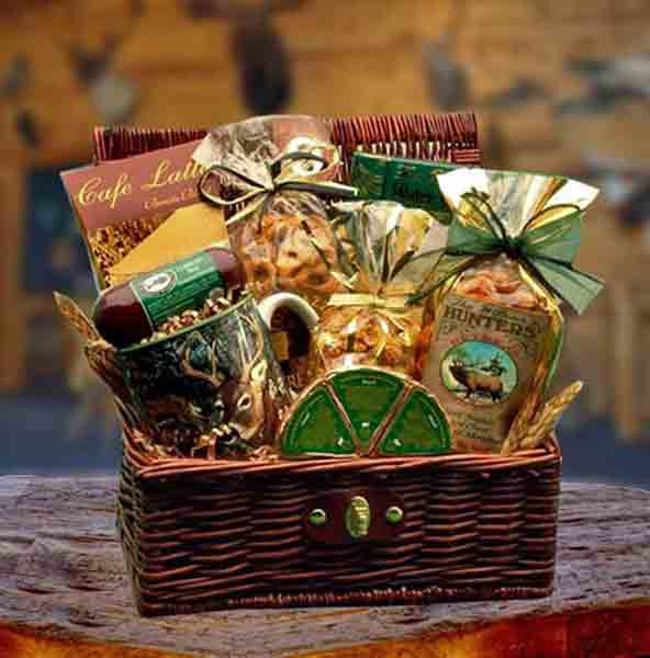 Wicker gift chest filled with gifts and snacks sure to please the most avid hunter