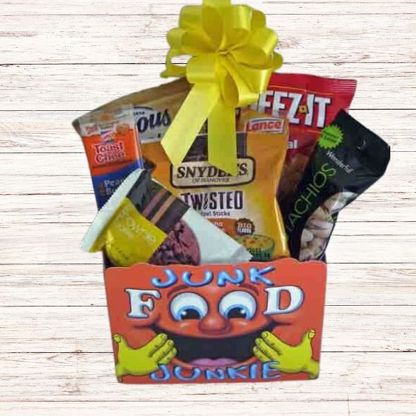 Junk Food Junkie themed gift box filled with their favorite snacks