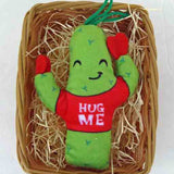 Wicker basket with plush cactus that says Huge Me