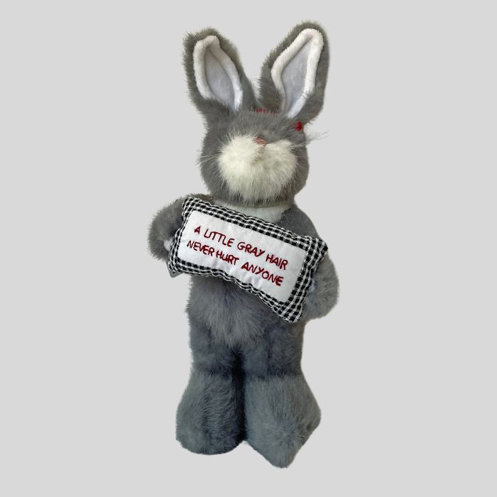 Cuddly rabbit holding sign that says "a little gray air never hurt anyone."