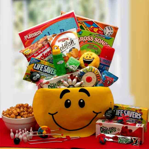 Smiley face gift tote filled with fun acticities and snacks