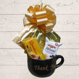 Black Thank You Mug filled with cocoa, coffee & cookies